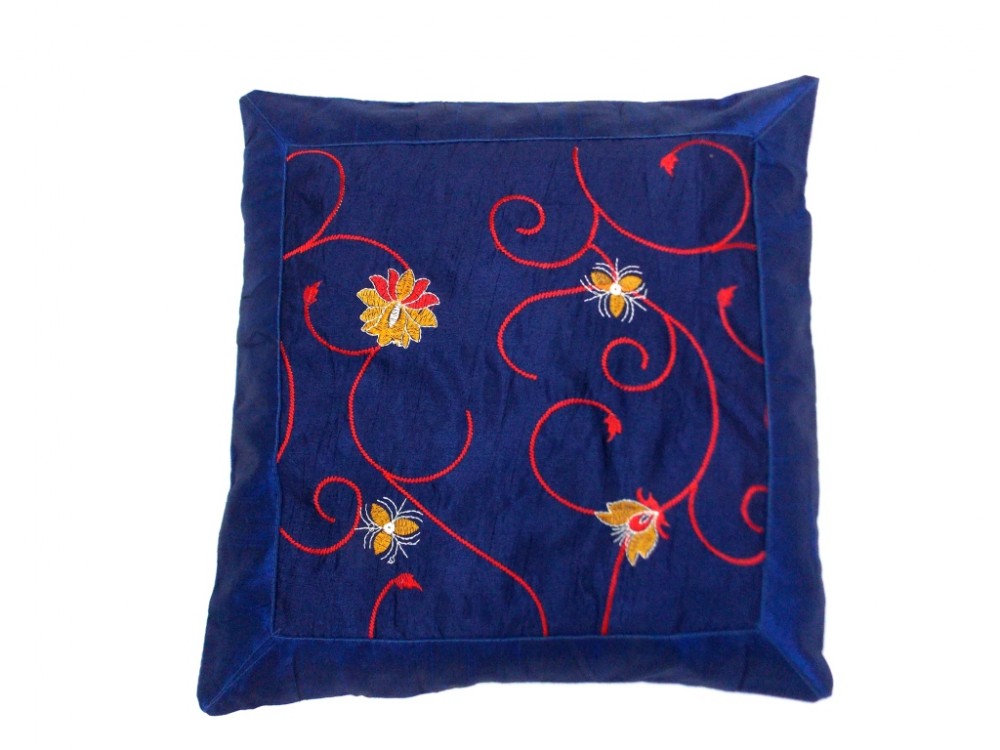 JAIPURI CUSHION COVER PILLOW CASE FLORAL DESIGN SILK FABRIC BLUE COLOR SIZE 17x17 INCH